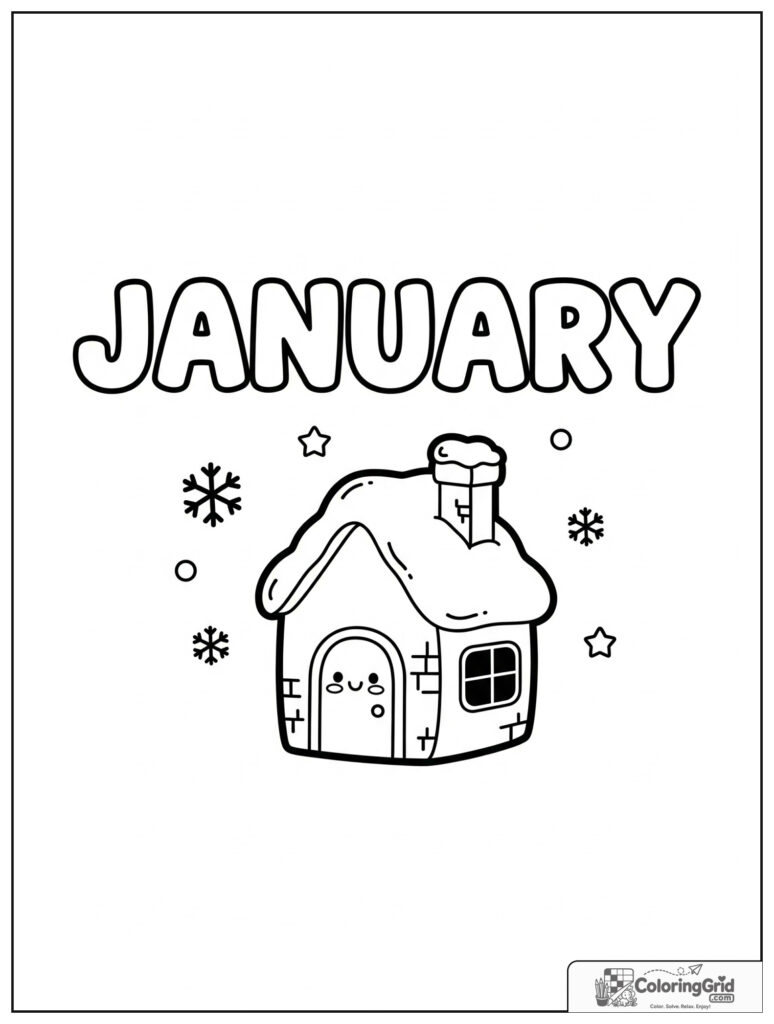 Cute January winter cottage with small snowflake decorations.