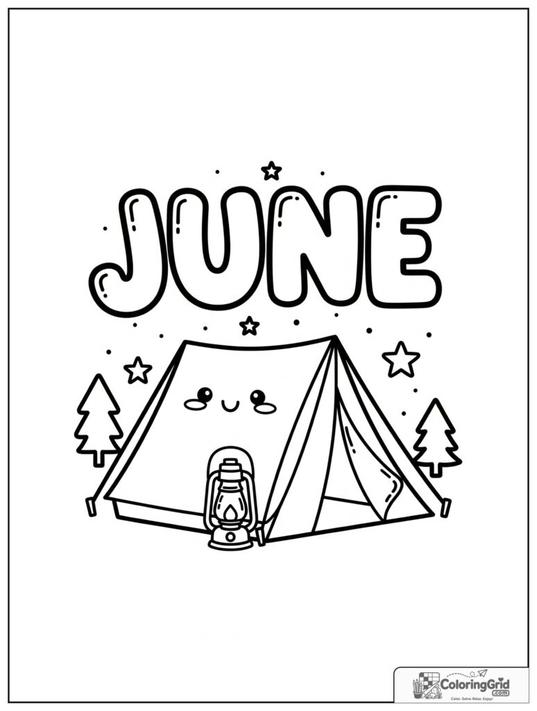 Cute June camping tent with small tree and star decorations.