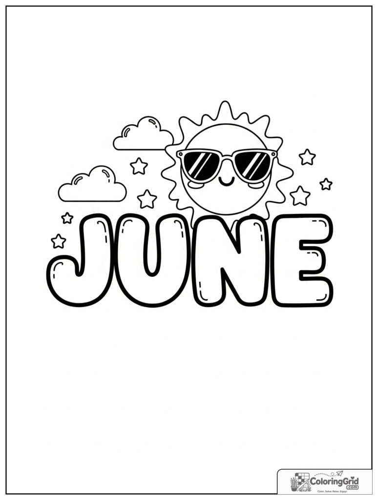 Cute June sun with sunglasses and small cloud decorations.