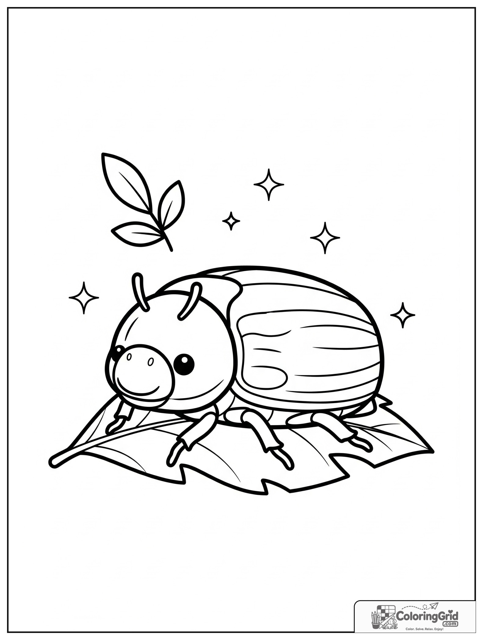 Cute june beetle on a leaf with small sparkle decorations.