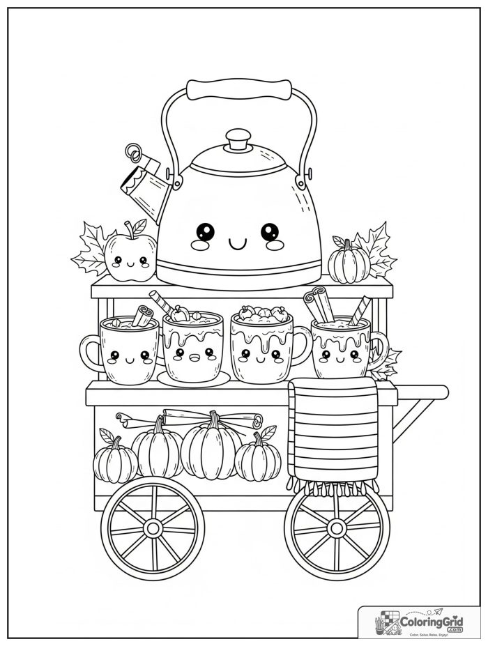 Kawaii cozy fall cider cart with apples, mugs, and mini pumpkins.