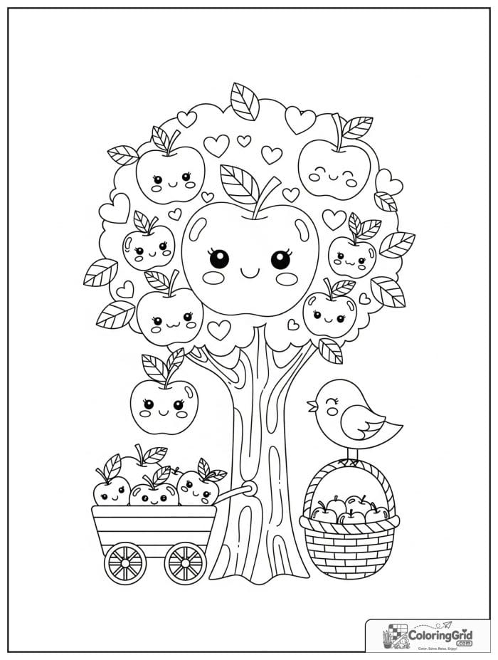 Kawaii cozy apple tree with smiling apples and a tiny cart.