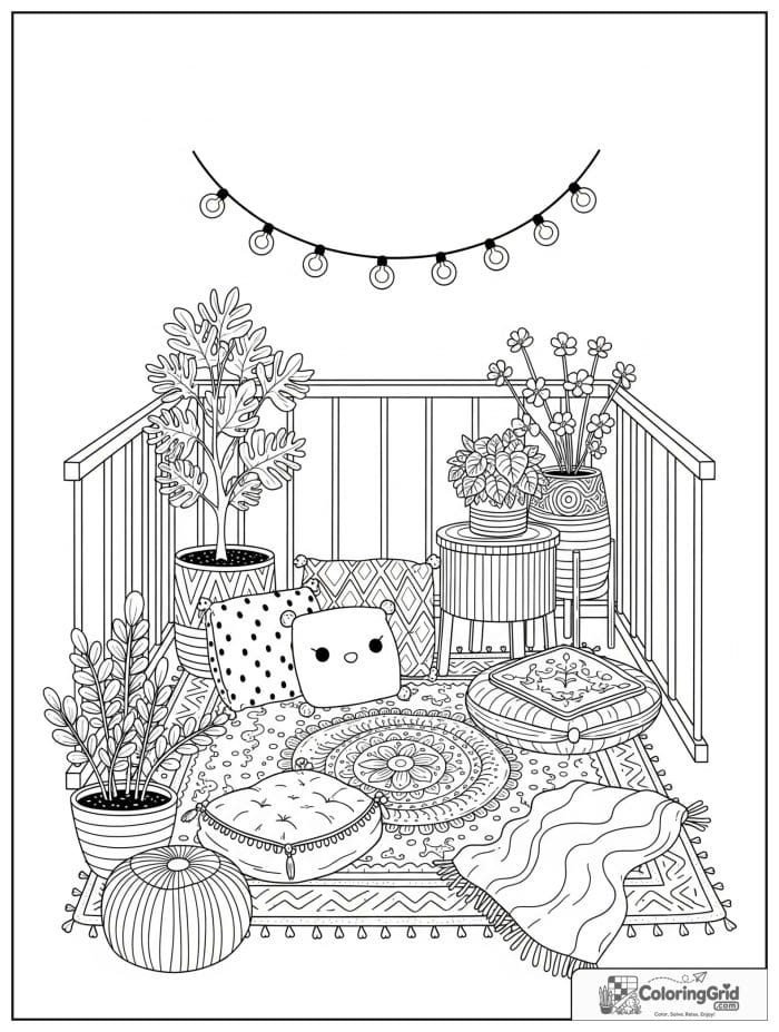 Kawaii cozy adult balcony garden with cushions, plants, and string lights.