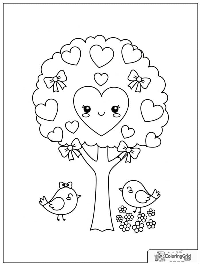 Kawaii cozy blossom tree with heart petals and birds.