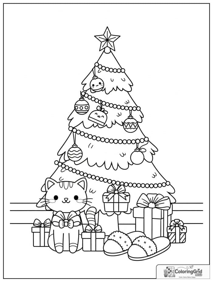 Kawaii cozy decorated evergreen tree with gifts and a cat.