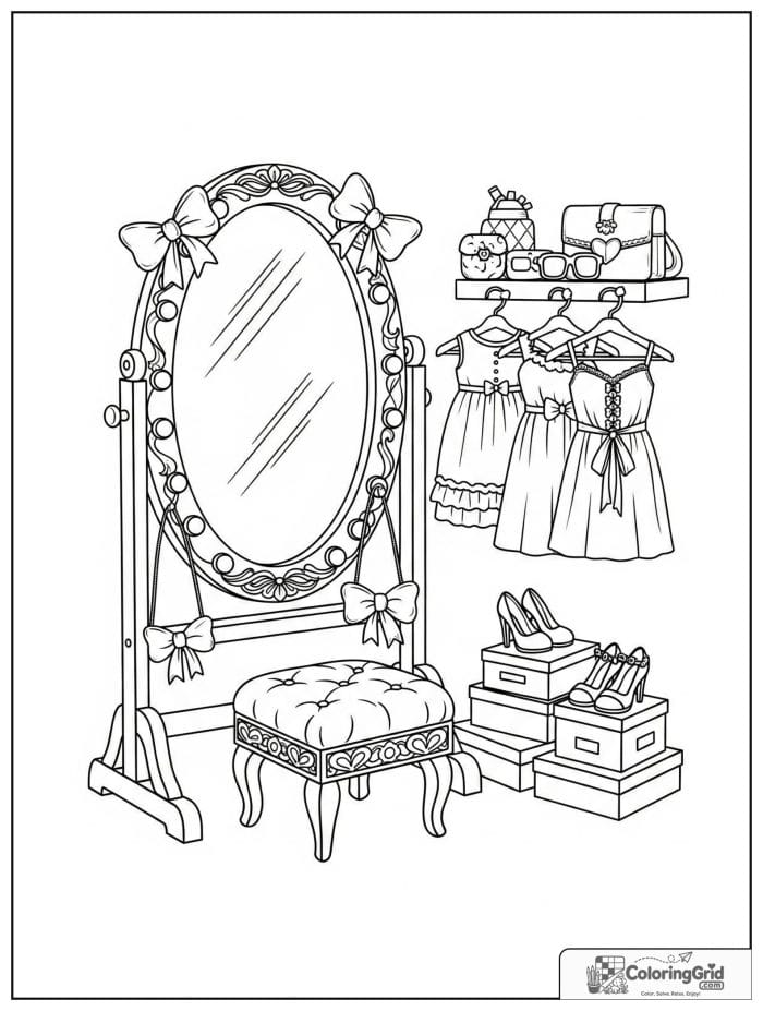 Kawaii cozy adult dressing corner with mirror, dresses, and accessories.