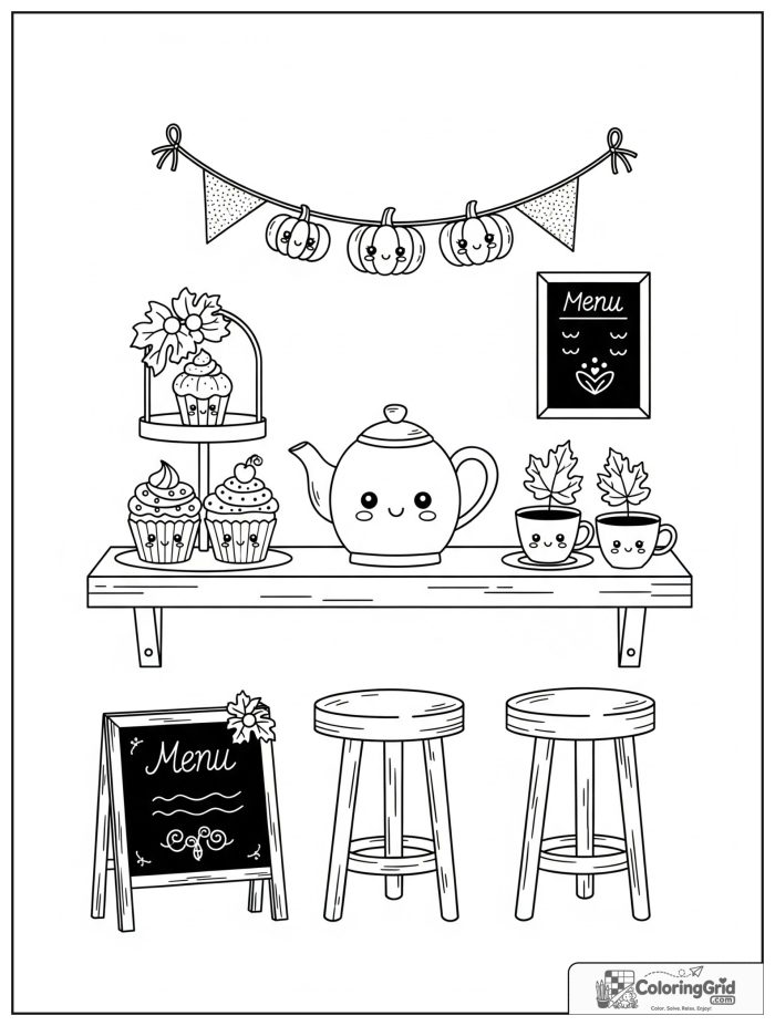 Kawaii cozy fall cafe corner with cupcakes, teapot, and pumpkin bunting.