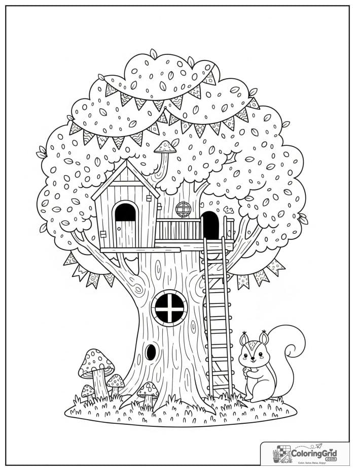 Kawaii cozy tree with a tiny treehouse and squirrel.
