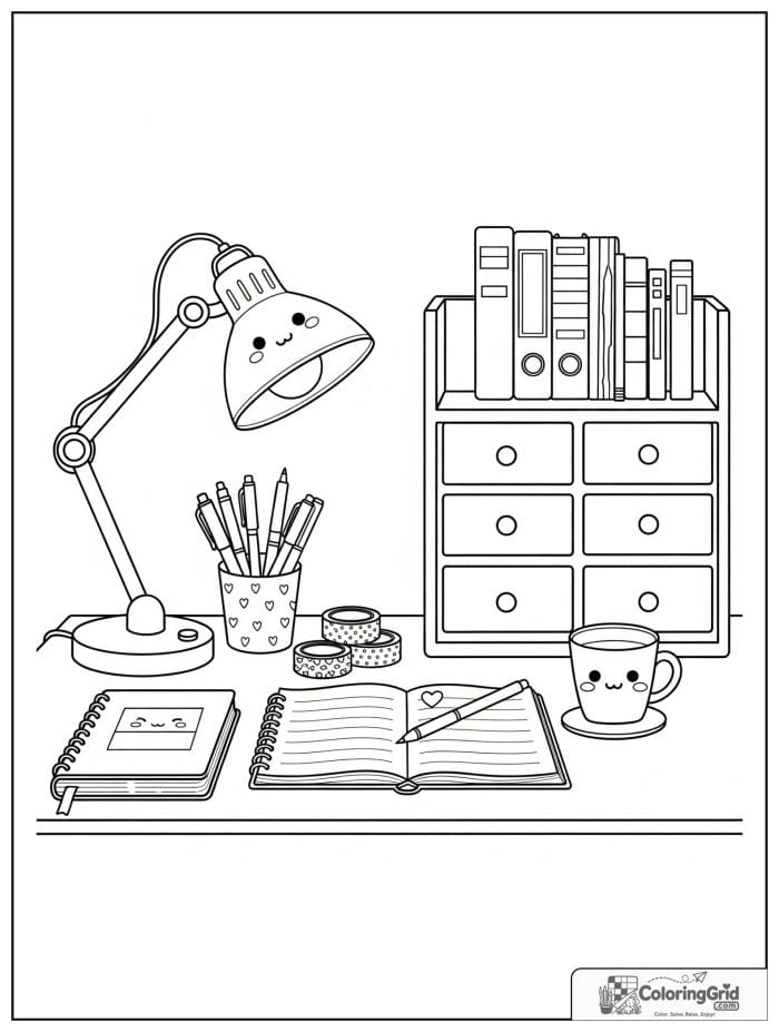 Kawaii cozy adult hobby desk with stationery, notebooks, and lamp.