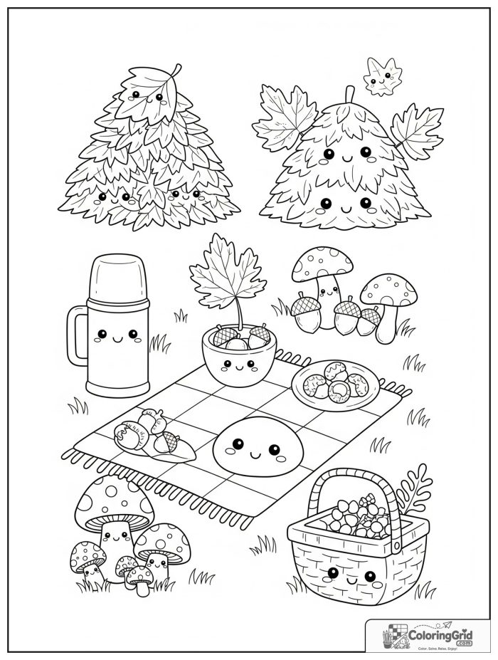 Kawaii cozy fall picnic with leaf piles, acorns, and a basket.