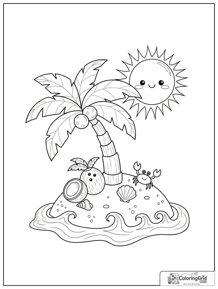 Kawaii cozy palm tree on a tiny island with a crab.