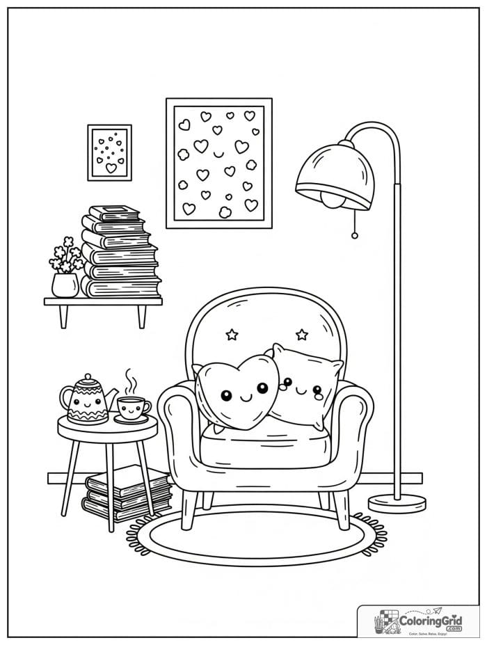 Kawaii cozy adult reading corner with smiling books and tea.