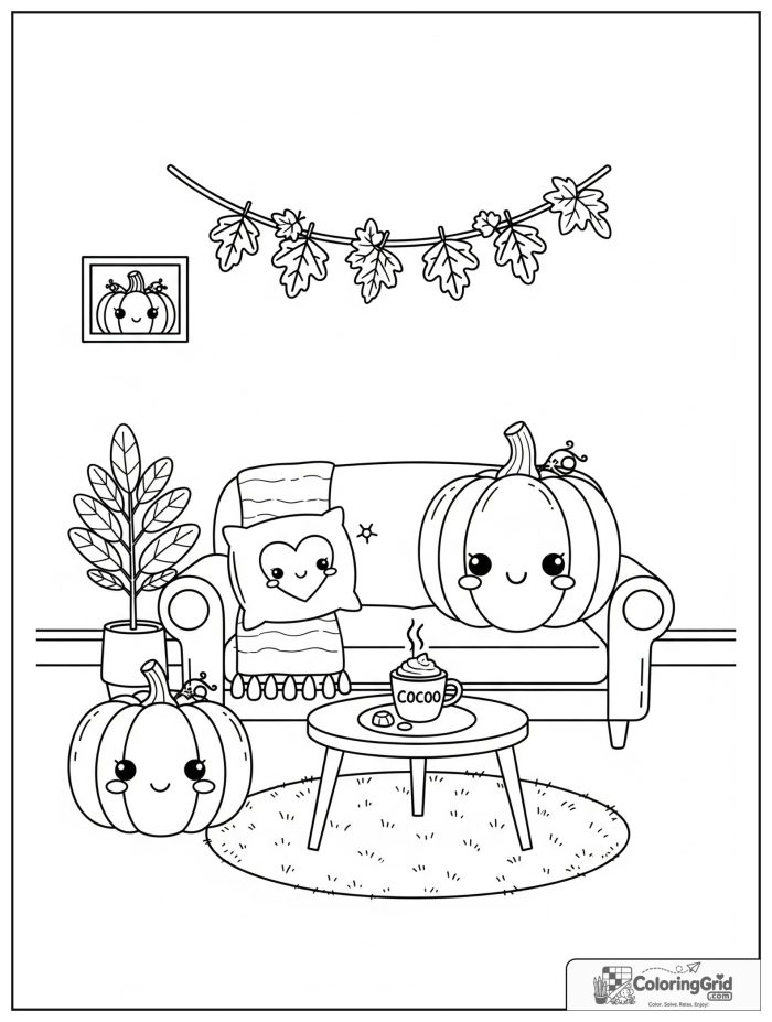 Kawaii cozy fall living room with smiling pumpkins and cocoa.