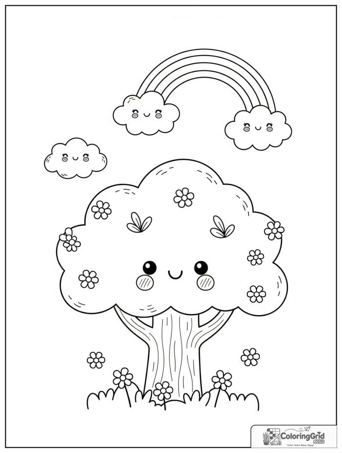 Kawaii cozy smiling tree with a rainbow and flowers.