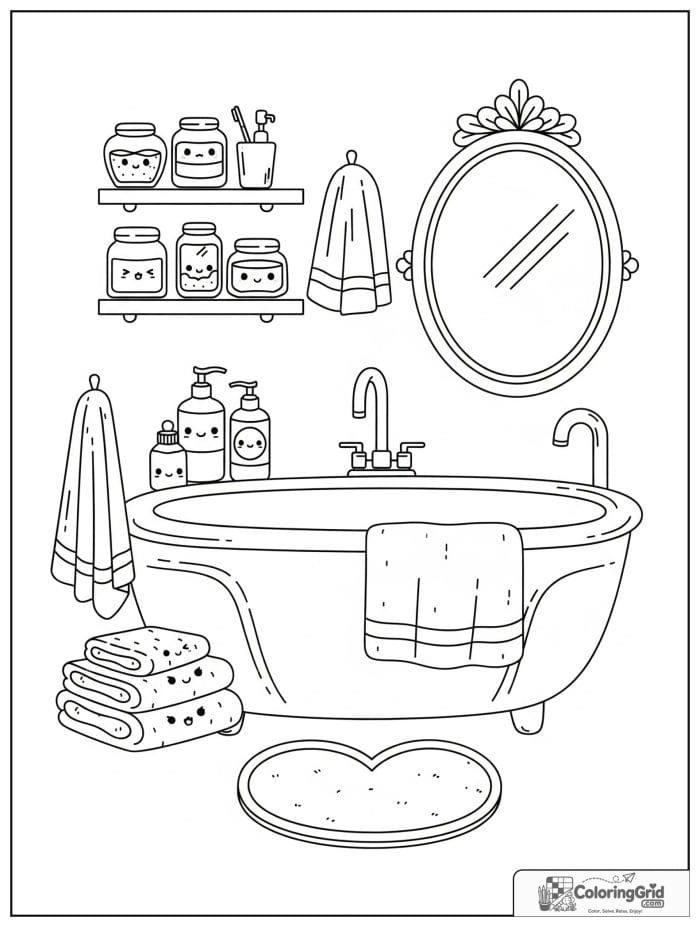 Kawaii cozy adult spa bathroom with tub, cute bottles, and towels.