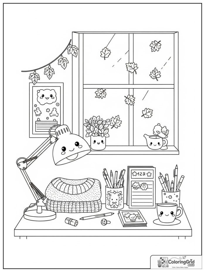Kawaii cozy fall desk nook with sweater, mug, and leaf lights.