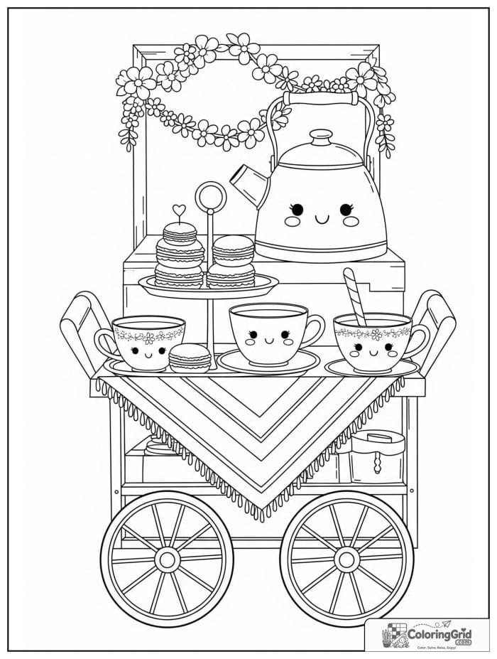 Kawaii cozy adult tea cart with macarons, teacups, and flowers.