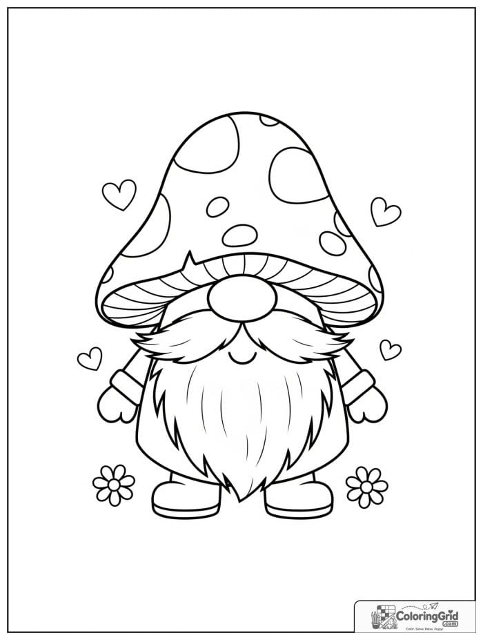Gnome Coloring Pages featuring a cute gnome with a mushroom hat.