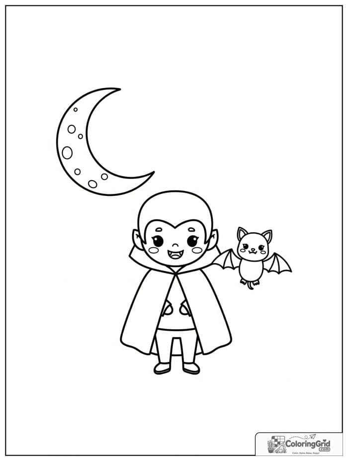 Vampire Coloring Pages showing a kawaii vampire with a bat friend.