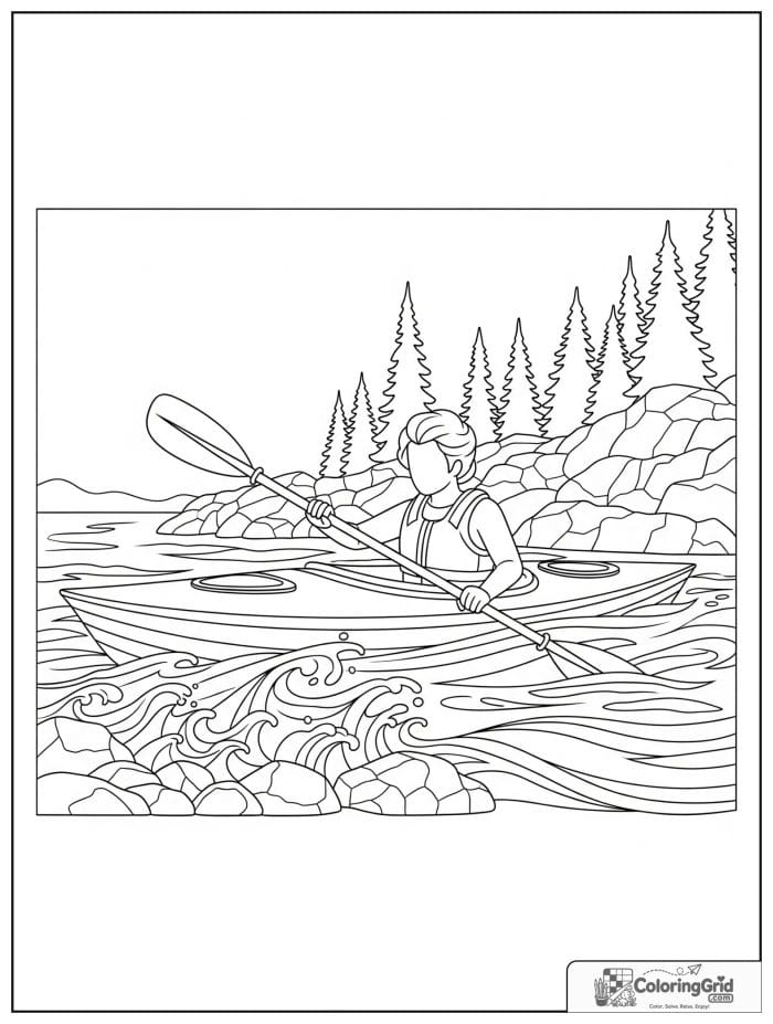 Boat coloring page featuring a kayak near a rocky shore.