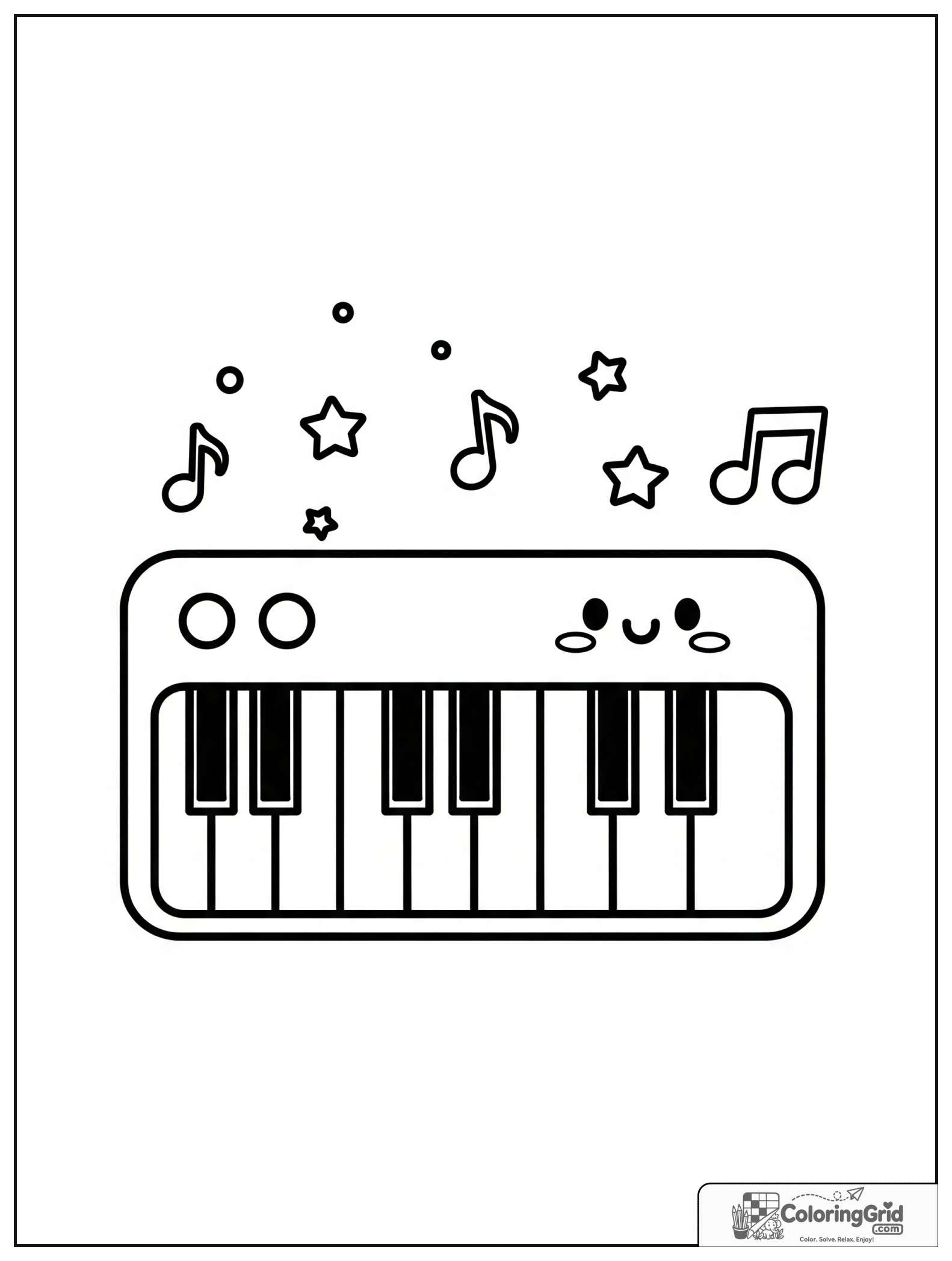 Cute smiling keyboard with small star and music note decorations.