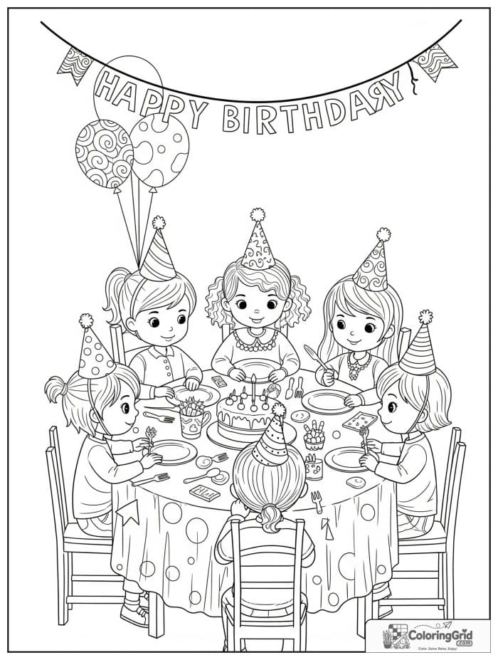 Birthday coloring page featuring kids gathered around a birthday table.