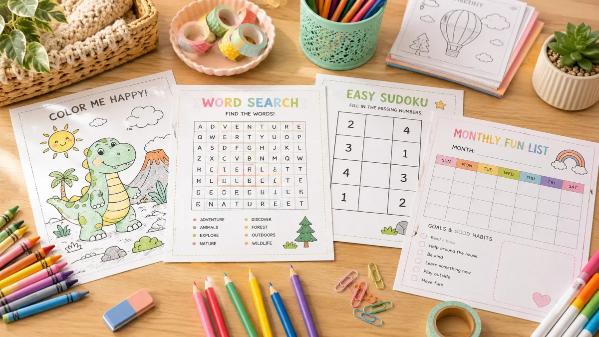 Printable coloring page word search sudoku and calendar activities for kids