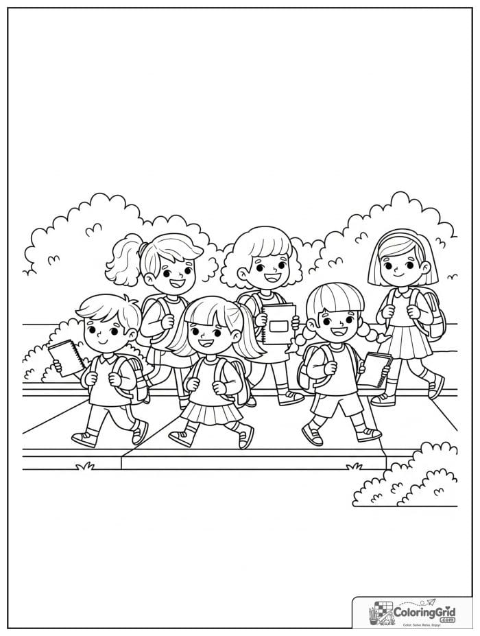 Back to school coloring page featuring kids walking with backpacks.