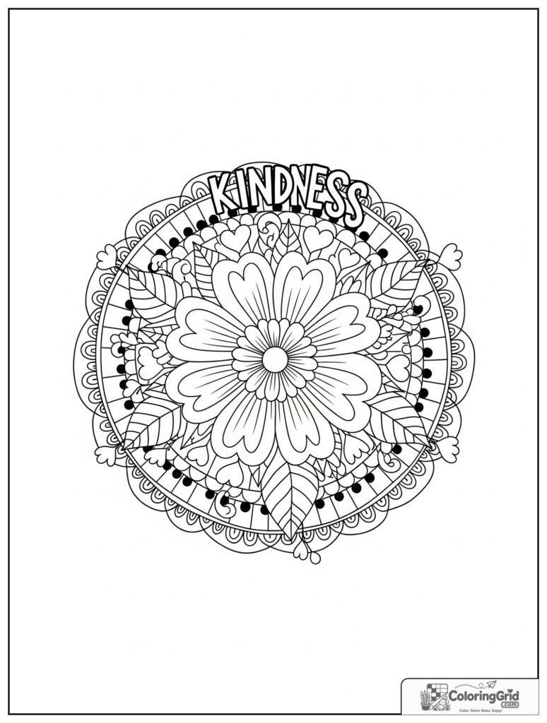 Kindness flower wreath mindfulness mandala with heart leaves and vine curls