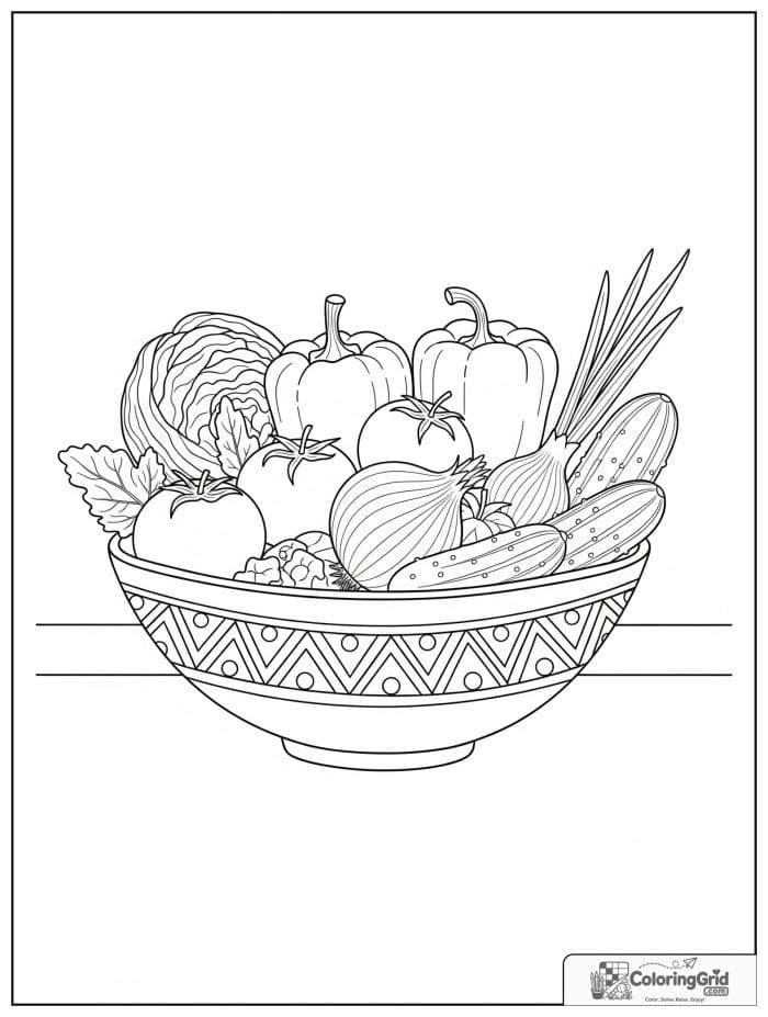 Vegetable coloring page featuring a bowl of vegetables on a kitchen counter.