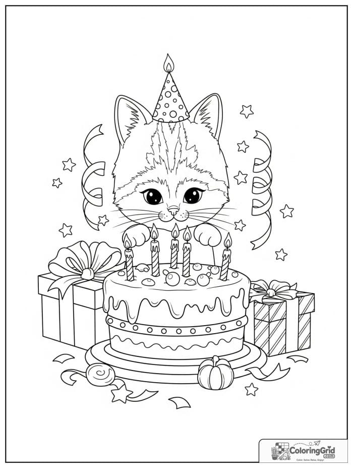 Birthday coloring page featuring a kitten with a birthday cake.