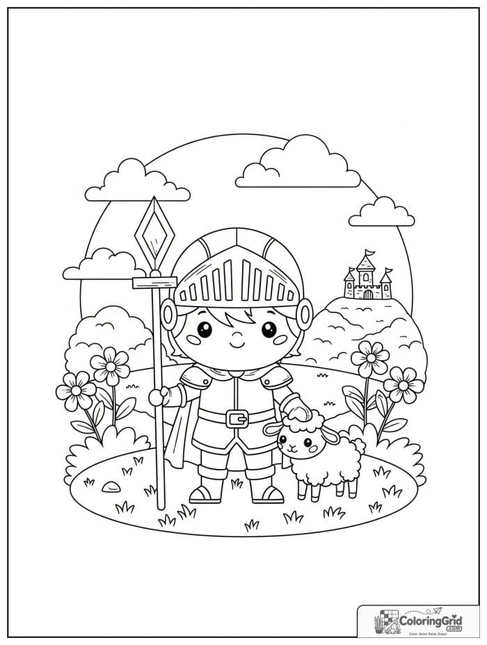 Knight Coloring Pages showing a knight and baby sheep in a meadow.