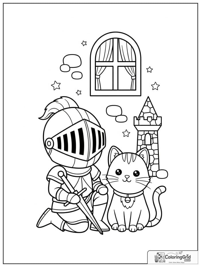Knight Coloring Pages featuring a knight and a friendly castle cat.