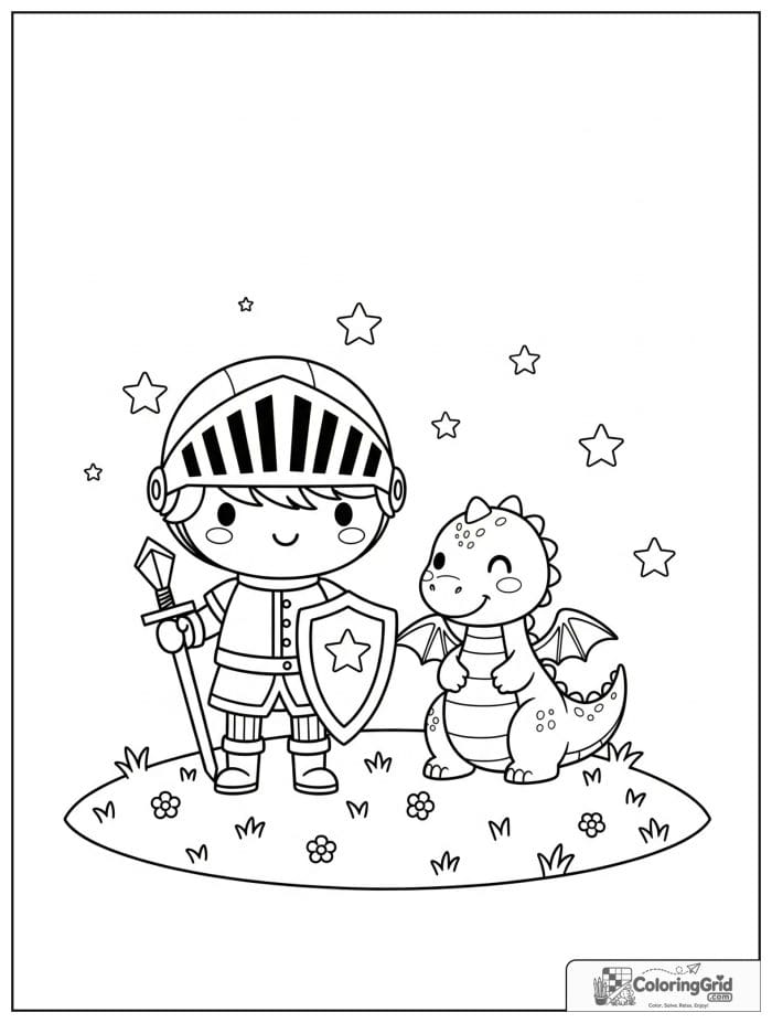 Knight Coloring Pages showing a knight and a friendly baby dragon.
