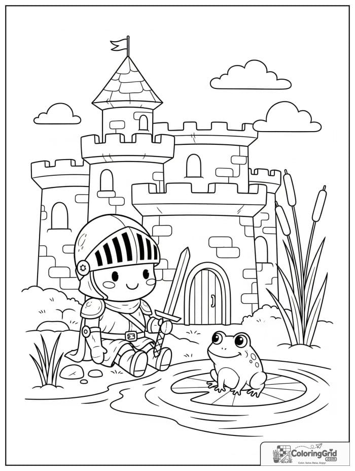 Knight Coloring Pages featuring a knight and frog by a moat.