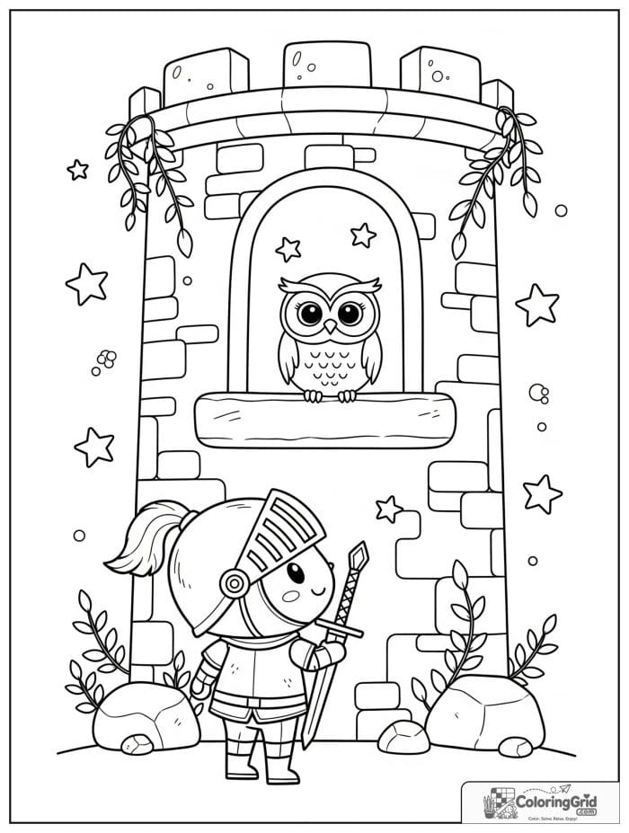Knight Coloring Pages showing a knight and an owl in a tower window.