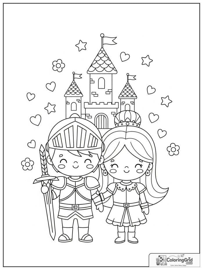 Knight Coloring Pages featuring a knight and princess friendship scene.