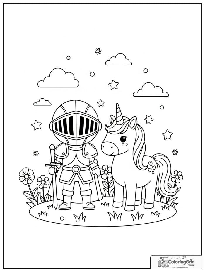 Knight Coloring Pages showing a knight with a friendly unicorn.
