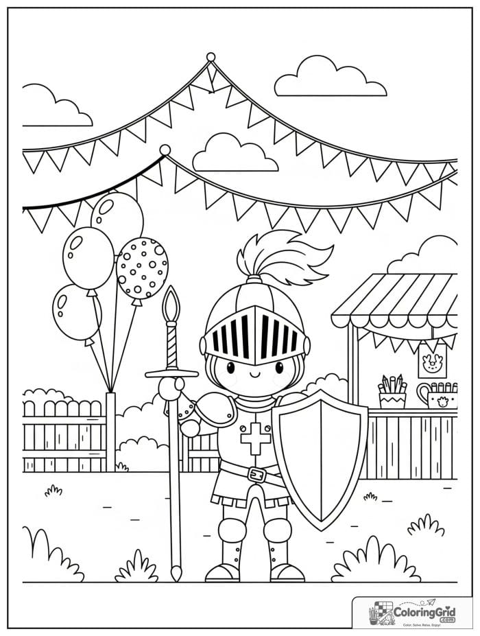 Knight Coloring Pages showing a knight at a festival with bunting.