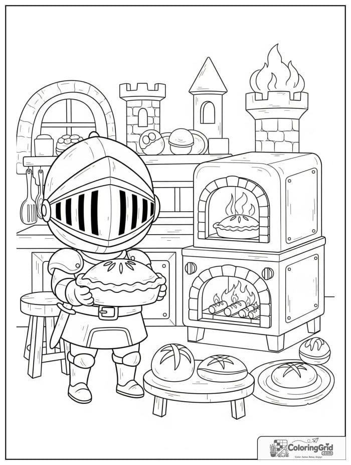 Knight Coloring Pages featuring a knight baking pies in a castle kitchen.