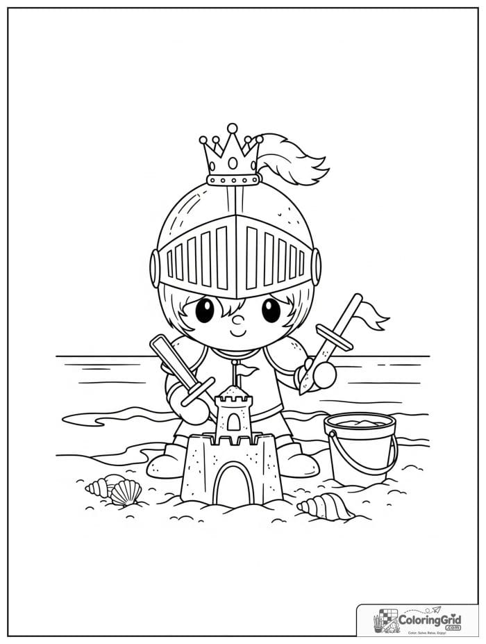 Knight Coloring Pages showing a knight building a sand castle.