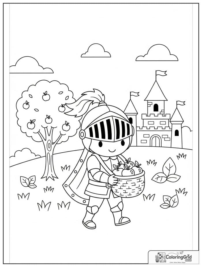 Knight Coloring Pages showing a knight carrying a basket of apples.