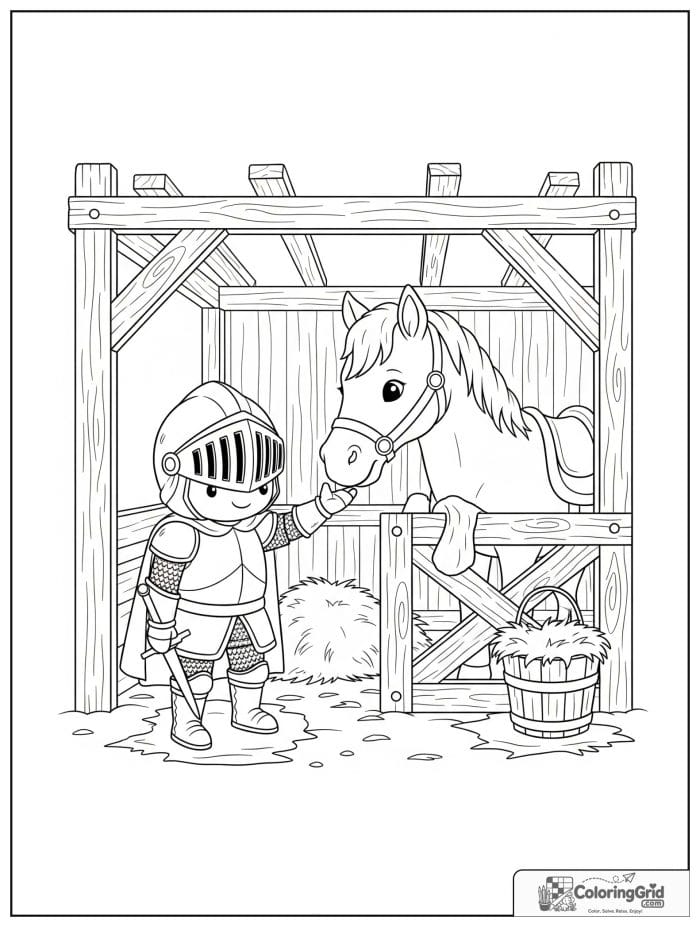 Knight Coloring Pages featuring a knight feeding a horse in a stable.