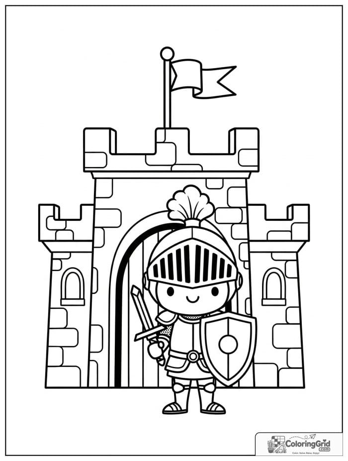 Knight Coloring Pages featuring a knight guarding a castle gate.