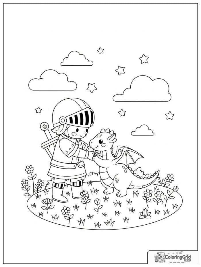 Knight Coloring Pages showing a knight helping a baby dragon fly.