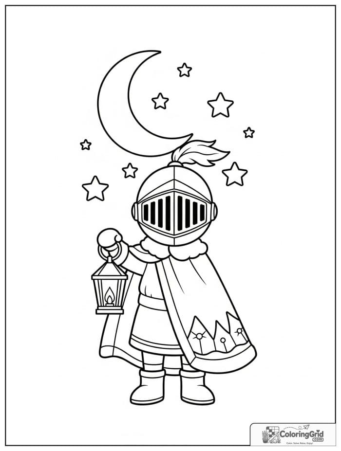 Knight Coloring Pages featuring a knight holding a lantern at night.