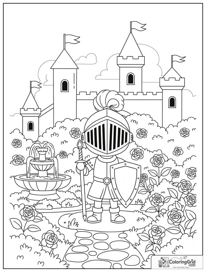 Knight Coloring Pages showing a knight in a garden with roses.