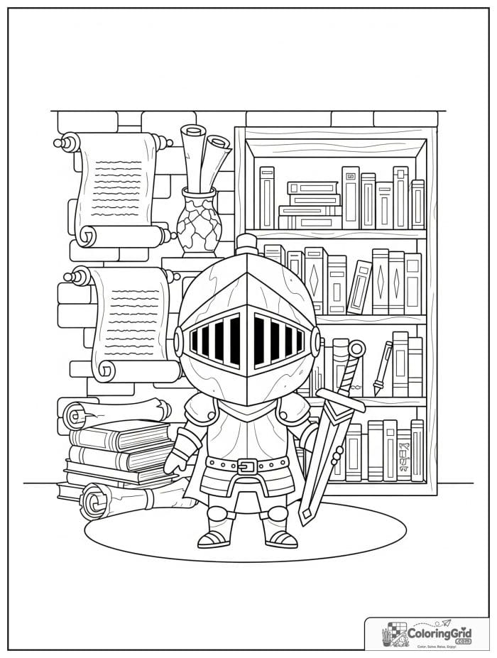 Knight Coloring Pages featuring a knight in a library with scrolls.