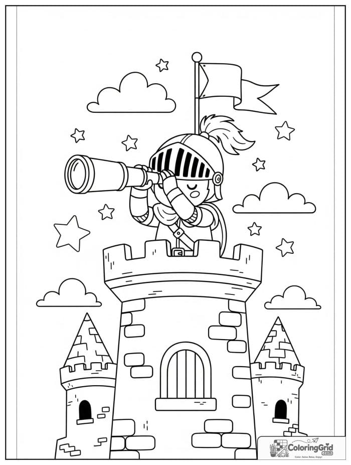 Knight Coloring Pages showing a knight looking through a telescope.