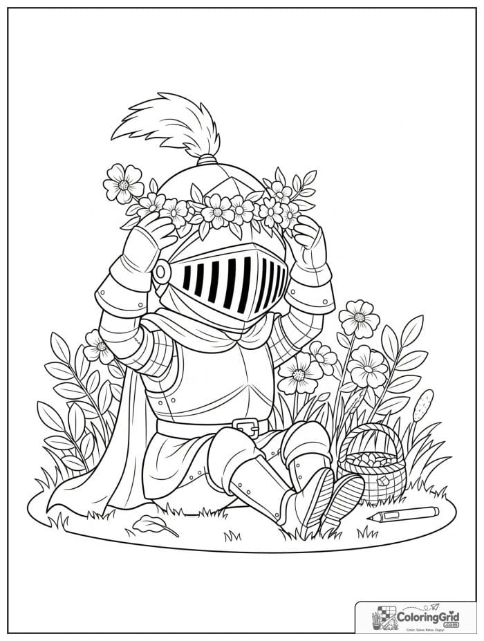 Knight Coloring Pages featuring a knight making a flower crown.